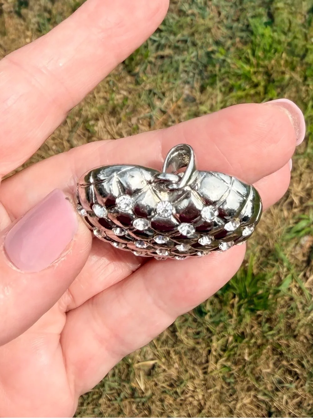 Chunky Silver Plated Heart Quilted Pendant Necklace with Crystal Accents